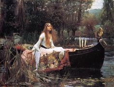 a painting of a woman sitting on top of a boat in the water with long hair