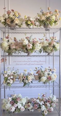 three tiered shelving with flowers on each shelf