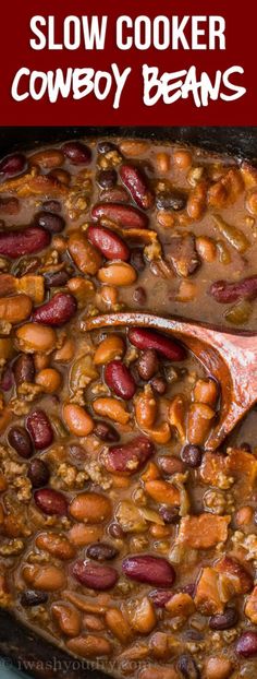 slow cooker cowboy beans in a large pot with a wooden spoon and text overlay that reads slow cooker cowboy beans