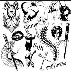 an assortment of tattoos drawn in black and white