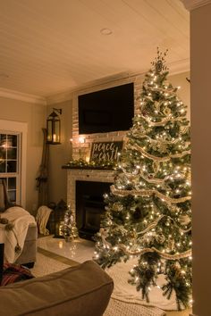 a living room with a lit christmas tree in the corner and a flat screen tv