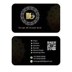 two business cards with gold and black designs on the front, one is for design of dream gold