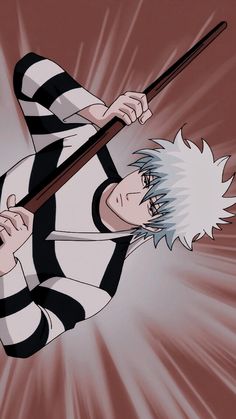 an anime character with white hair holding a baseball bat in one hand and wearing black and white stripes on the other