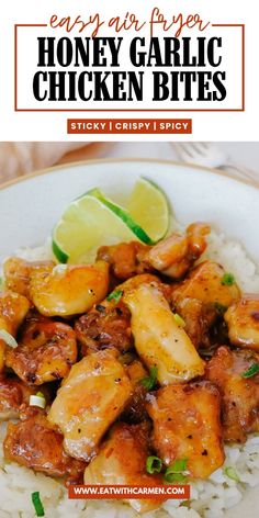 the recipe for honey garlic chicken bites is on top of rice and garnished with lime