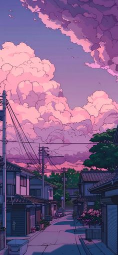 the sky is pink and purple in this anime scene, with buildings on either side