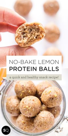 no - bake lemon protein balls in a glass bowl with the title above it