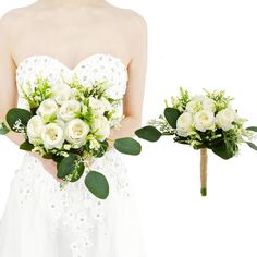 two brides bouquets with white roses and greenery