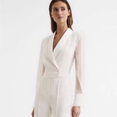 Reiss Jumpsuit. Nwt. Can’t Find Anywhere. Us Size 2 Elegant Summer Pantsuit With Long Sleeves, Summer Elegant Long Sleeve Pantsuit, Elegant Summer Long Sleeve Pantsuit, Elegant Long Sleeve Summer Pantsuit, Elegant White Long Sleeve Jumpsuit, Elegant White Jumpsuit For Formal Occasions, Elegant Tailored V-neck Pantsuit, White Fitted V-neck Pantsuit, Elegant Tailored Jumpsuits And Rompers For Spring