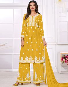 Mustard Yellow Palazzo style Suit Faux Georgette Yellow Sharara For Eid, Yellow Long Sleeve Sharara For Eid, Festive Yellow Palazzo Set With Long Sleeves, Yellow Long Sleeve Palazzo Set For Festive Occasions, Long Sleeve Georgette Sets For Diwali, Yellow Long Sleeve Palazzo Set With Chikankari Embroidery, Fitted Gold Palazzo Set With Long Sleeves, Yellow Long Sleeve Kurta With Mirror Work, Yellow Long Sleeve Georgette Traditional Wear