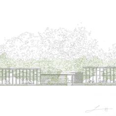 an architectural drawing of a building with trees in the background and people walking on the sidewalk