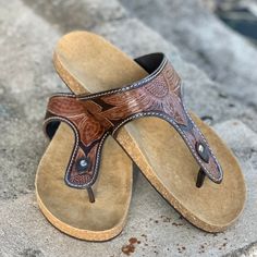 The Cutest Western Tooled Leather Sunflower Sandals Brand New Leather Sunflower, Sandals Brands, Tooled Leather, Leather Slides, Dark Brown Leather, Brown Fashion, Leather Tooling, The Cutest, Women's Shoes Sandals