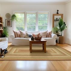 a living room filled with furniture and a dog laying on the floor next to it