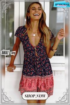 A-line Bohemian Floral Dress Sexy V-neck Short Sleeve Mini Dress Bohemian Floral Dress, Bohemian Floral, Short Sleeve Mini Dress, Dresses By Length, Women's Fashion Dresses, Floral Dress, Short Dresses, Fashion Dresses, A Line