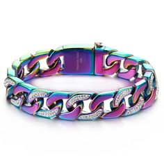 PRICES MAY VARY. Men’s Stainless Steel Curb Chain Bracelet Rainbow Colorful High Polished with Cubic Zirconia Metal: Stainless Steel Stone: Cubic Zirconia Finishing: Polished Dimension: Chain length: 22CM(8.66"); Chain Width: 1.4CM(0.55") ; Weight: 70.3g Package: Jewelry Box with Brand Name COOLSTEELANDBEYOND *Condition: 100% brand new
*Code: MB-3182-879
*Metal: Stainless Steel
*Stone: Cubic Zirconia
*Finishing: Polished
*Dimension: Chain length: 22CM(8.66"); Chain Width: 1.4CM(0.55") 
*Weight: Trendy Multicolor Chain Bracelet For Party, Adjustable Multicolor Stainless Steel Bracelets, Multicolor Rhinestone Bracelet Jewelry, Multicolor Rhinestone Bracelet, Adjustable Multicolor Bling Bracelets, Multicolor Metal Bracelets With Rhinestones, Multicolor Chain Bracelet Jewelry, Multicolor Metal Bling Jewelry, Multicolor Chain Bracelets For Party