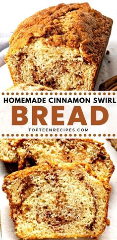 homemade cinnamon swirl bread is cut into slices