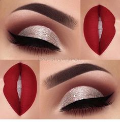 Makeup Bibir, Maquillage Kylie Jenner, Red Makeup Looks, Party Makeup Tutorial, Pageant Makeup, Silver Eyeshadow, New Year's Makeup, Christmas Makeup Look, Red Dress Makeup