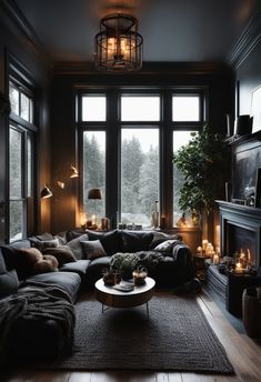 a living room filled with lots of furniture next to a fire place and large windows