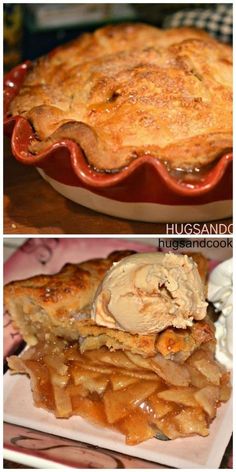 two different views of pies with ice cream on top