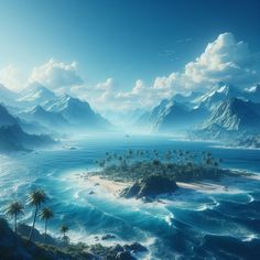 an island in the ocean surrounded by mountains and palm trees with waves crashing on it