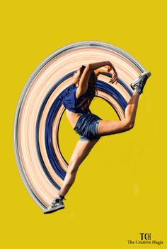 a woman is dancing in front of a yellow background with blue and white circles on it