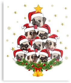 a group of pug dogs wearing santa hats on top of a christmas tree with presents