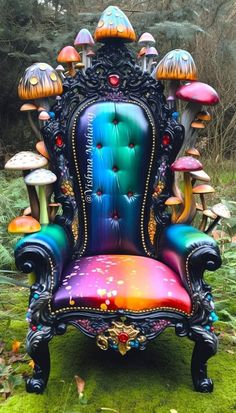 a colorful chair with mushrooms on it in the grass