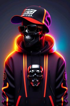 a man in a hoodie with a skull on his chest and neon lights behind him