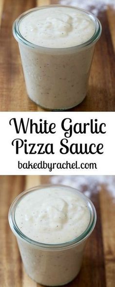 white garlic pizza sauce in a small glass bowl on a wooden table with text overlay