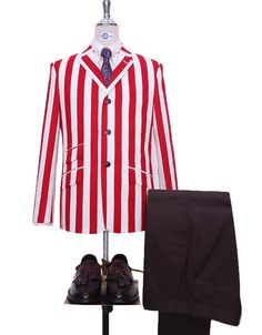 "boating blazer | white and red stripe jacket Jacket: 100% cotton fabric 3 button jacket, burgundy matching plain button 2 1/2\" wide notch lapel, High button jacket 4 buttons non-working cuff, single vent at the back 1 Breasted pocket, 1-1 Flap pocket jacket, and traditional ticket pocket Matching full inside lining of jacket   Dry clean only Tailor made jacket N.B These jacket are tailored fit N.B = only jacket not including shirt, shoe, necktie and pin Note: Dear valuable customers this jacke Pinstripe Cotton Blazer For Workwear, Pinstripe Cotton Blazer For Work, Classic Striped Cotton Blazer, Striped Fitted Cotton Blazer, Fitted Striped Cotton Blazer, Striped Blazer With Buttons And Notch Lapel, Striped Notch Lapel Blazer With Buttons, Classic Red Cotton Blazer, Formal Striped Cotton Blazer