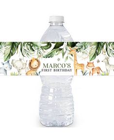 a water bottle label with jungle animals and giraffes on it, for a first birthday party