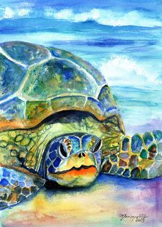 a painting of a turtle on the beach