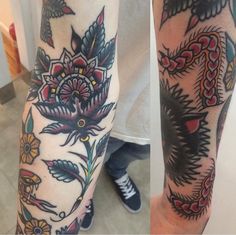 two different tattoos on the legs of someone's feet, one with flowers and an eagle