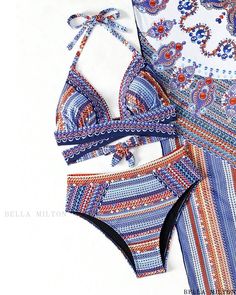 Bella Milton - Tribal Pattern Bikini Set with Matching Cover-Up - Set of 3 Pieces Bohemian Printed Halter Neck Swimwear, Fitted Patterned Swimwear For The Beach, Bohemian Printed Fitted Tankini, Bohemian Printed Patterned Swimwear, Bohemian Printed Tankini For Beach Season, Bohemian Printed Triangle Top Swimwear, Patterned Swimwear For Pool And Beach Season, Bohemian Fitted Tankini With Triangle Top, Fitted Bohemian Tankini With Triangle Top