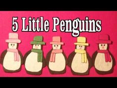 five little penguins with hats and scarves on them are lined up against a pink background