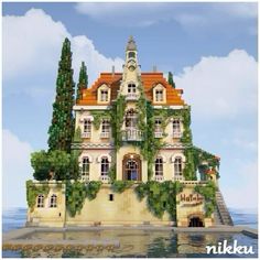 an image of a house that is in the water with trees on top of it