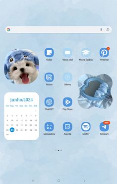 a desktop calendar with an image of a dog wearing a blue hat on it's face