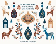 scandinavian christmas ornaments with deers and trees