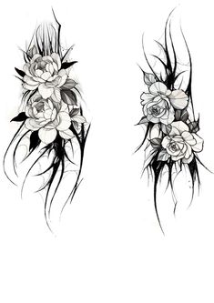 two tattoos with flowers and leaves on them