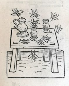 an ink drawing of tea pots and vases on a table