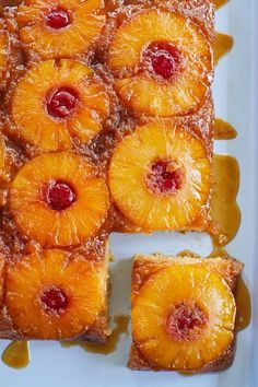 pineapple upside down cake on a white plate