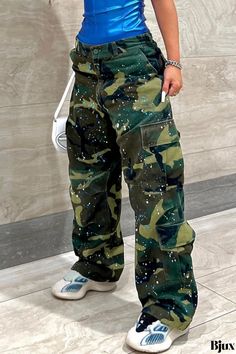 Bjux - Mid-Waist Straight Trousers with Camouflage Patchwork Design Spring Camouflage Full-length Cargo Pants, Spring High Waist Camouflage Cargo Pants, Patchwork Trousers, Camouflage Print, Straight Trousers, Swimwear Cover, Patchwork Designs, Olivia Mark, Straight Cut