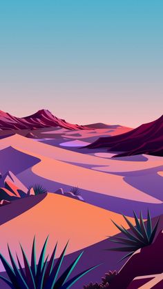 the desert is covered in purple and pink hues, with plants growing out of it