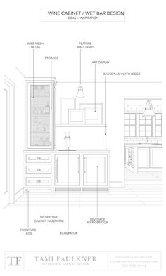 an architectural drawing of a kitchen with all the features labeled in it's description