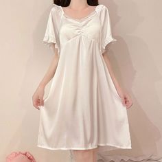 Please take the size info as a reference. The measurement error between 1-4cm is in the normal range.Fabric Material: Cotton Blend. PolyesterColor: White. PinkSize Chart: M. L Size M Bust 92cm/36.25" Length 88cm/34.67" Size L Bust 96cm/37.82" Length 89cm/35.07" Casual White V-neck Nightgown, Solid Summer Sleep Dress, Plain Stretch V-neck Dress, Stretch Plain V-neck Dress, Short Sleeve Stretch Dress With Lace Trim, Fitted Summer Nightgown, Stretch Short Sleeve Dress With Lace Trim, White V-neck Casual Nightgown, Stretch Lace Trim Dress With Short Sleeves