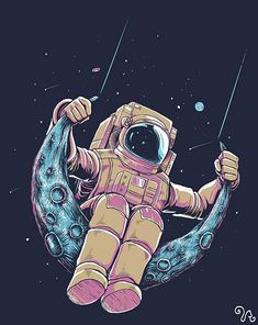 an astronaut is sitting on the moon with his arm in the air and one hand up to