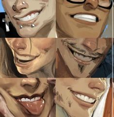 four different images of people with their mouths open and smiling, including one man's face