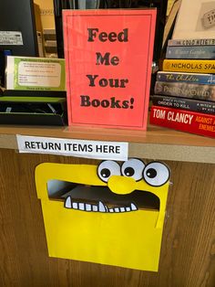 library monthly displays, library display themes, seasonal library themes, book themes, book return, monster book drop, halloween book return Creative Book Display Ideas, Book Drop Decoration, Librarian Desk Decor, Library Set Up, Trunk Or Treat Library Theme, School Library Decorations, Halloween Decorations Library, Book Return, Elementary School Library Decor