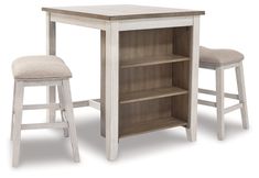 a white table with two stools and a bookcase in front of it on a white background