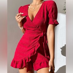 Soft And Comfortable High Quality Hand Feel. Petite Xs Bust : 35 Inch Cuff : 9.4 Inch Length : 30.7 Inch Shoulder : 14 Inch Sleeve Length : 10 Inch Simple Red Dress Short Casual, Wrap Dresses For Petite Women, Women Mini Dress, Cute Red Dresses Short, Short Red Dress Outfit, Red Short Dress, Wrap Dress Outfit, Short Wrap Dress, Red Dress Casual