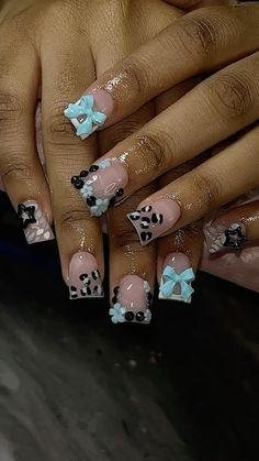 #nailinspo #nails #junknails #leopardprintnails #bownails #bluenails #blacknails #frenchnails #blingnaildesign Short Acrylic Nails Blue, Short Junk Nail Designs, Henna Nails, Junk Nails, French Tip Acrylic Nails